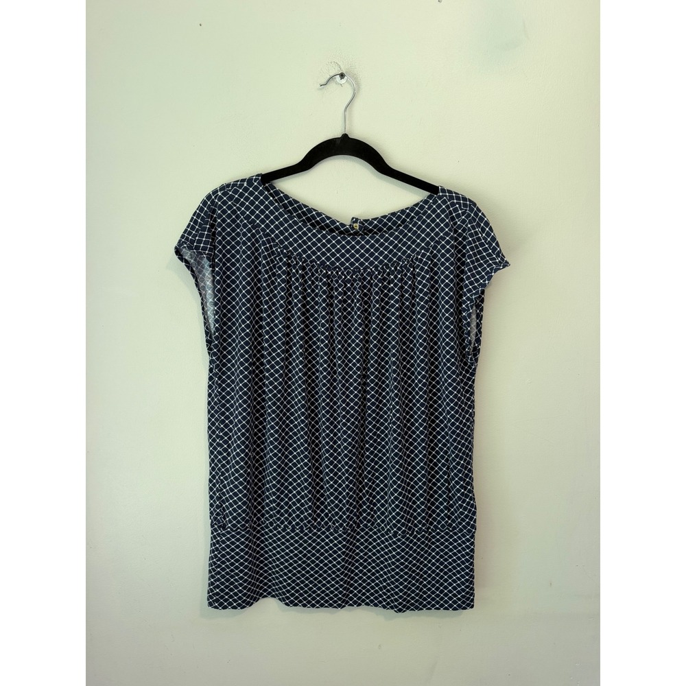 Ann Taylor Navy Blue White Geometric Diamond Print Pleated Blouse Top Large